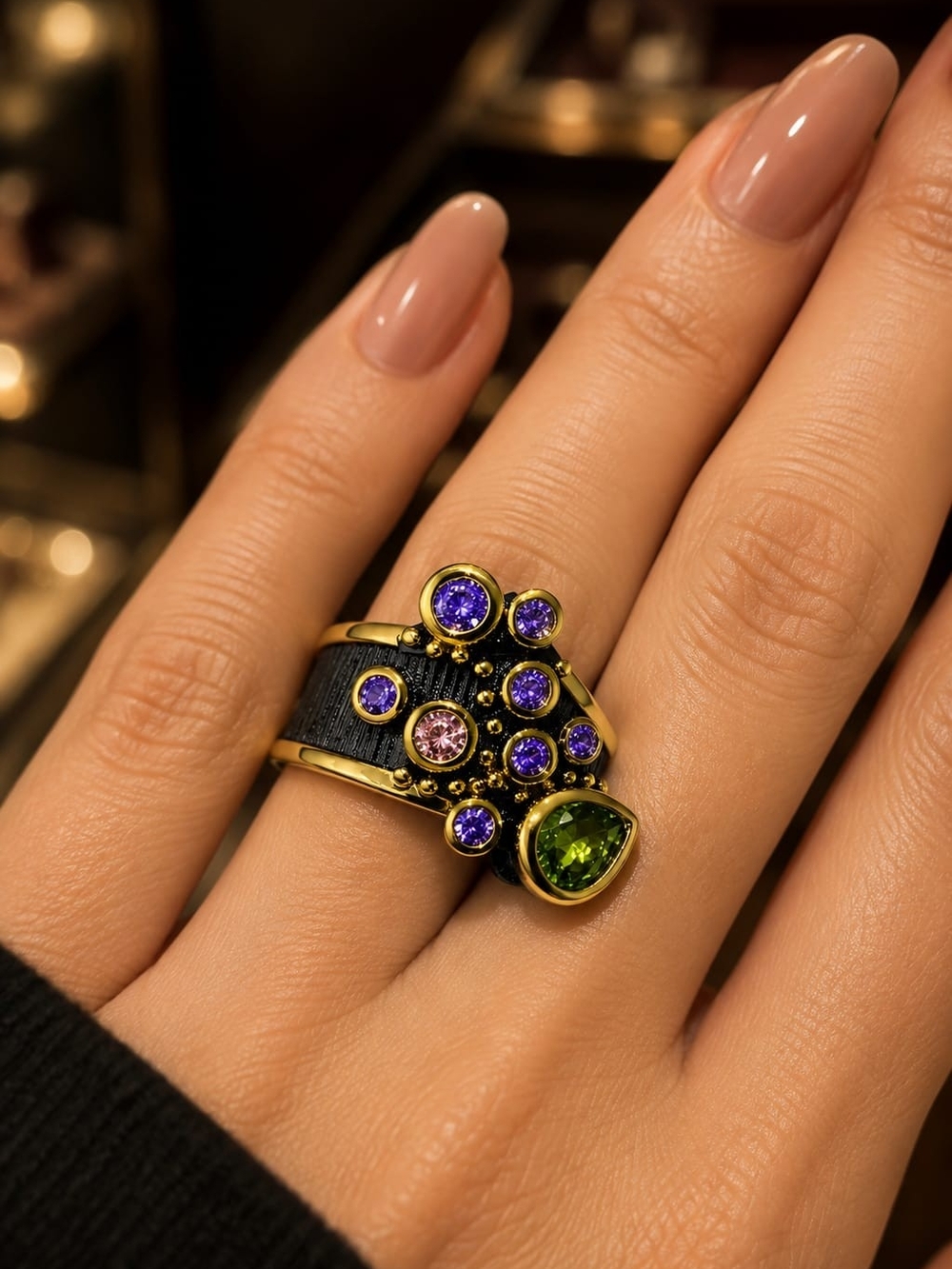 Vintage Gold and Black Multi-Gem Statement Ring with Purple and Green Stones